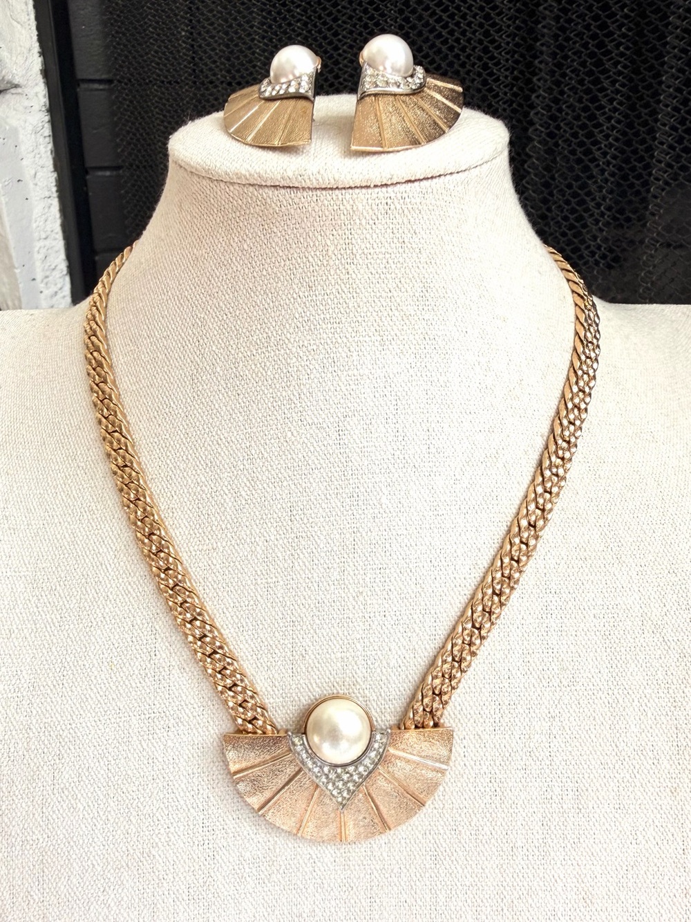 Vintage Park Lane Necklace Earrings Set Faux Pearl Rhinestone Gold Tone Art Deco